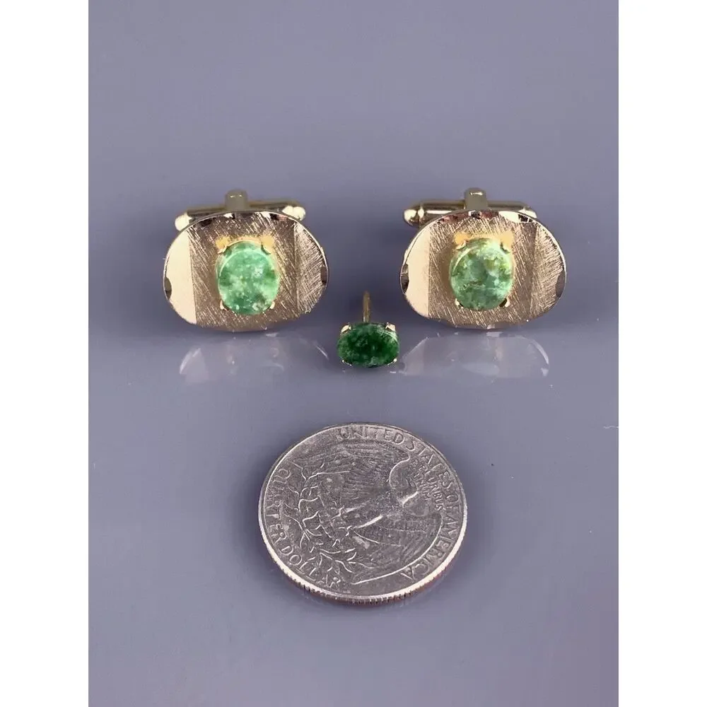 Green Jade Stone Cufflinks Tie Tack Pin Gold Tone Oval Modern Dante Vintage